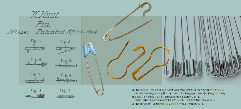 （写真左）ウォルター・ハントが1849年に取得した安全ピンの特許。添付された手紙の中でハントは、このピンは「1本の針金または金属でできており、バネと留め金を併せ持ち、その留め金にピンの先端が収まり、それ自身のバネによって確実に保持される」と説明している。（写真中央）初期の安全ピンにはさまざまなデザインがあり、さまざまな素材が使われていた。（写真右）現代のスチール製安全ピンにはクロムメッキ仕上げが施されている。