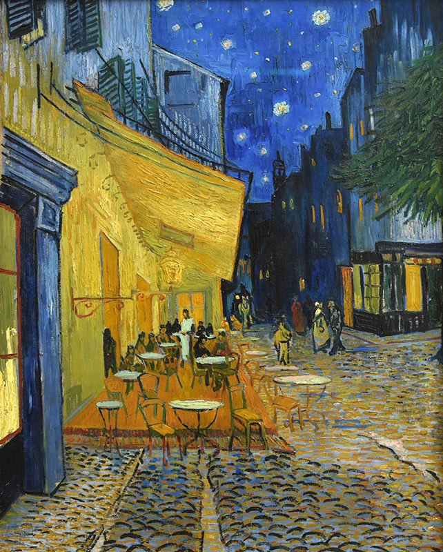 『夜のカフェテラス』 (1888年、クレラー・ミュラー美術館蔵) 青い星空とカフェの黄色い灯りの補色関係が日本人好みという