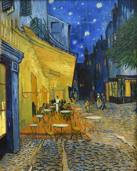 『夜のカフェテラス』 (1888年、クレラー・ミュラー美術館蔵) 青い星空とカフェの黄色い灯りの補色関係が日本人好みという 『夜のカフェテラス』 (1888年、クレラー・ミュラー美術館蔵) 青い星空とカフェの黄色い灯りの補色関係が日本人好みという