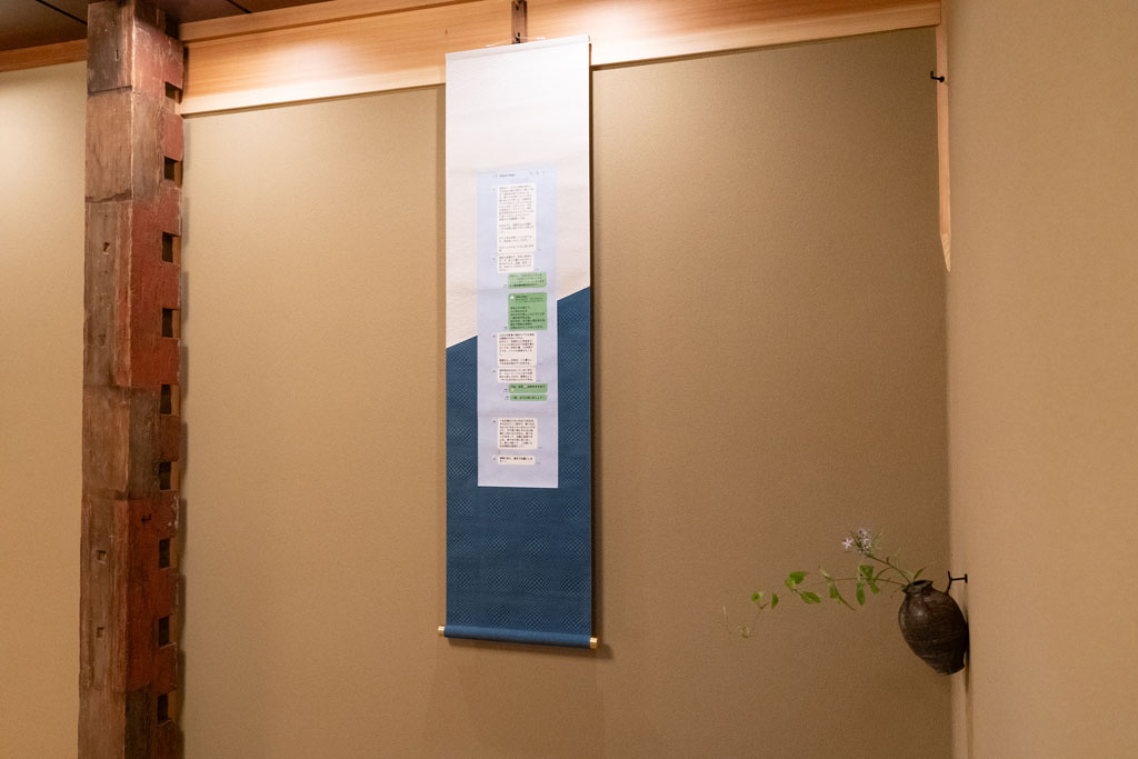 他界した友人との思い出に、最後のLINEのやり取りを掛軸に表装した。籠の掛花入には利休草を入れて