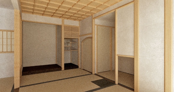 設計中の茶室のイメージ。三井氏の提案で、大阪の「水無瀬(みなせ)神宮」にある茶室「燈心亭」の間取りを参考にしている 写真提供/伊藤穰一氏