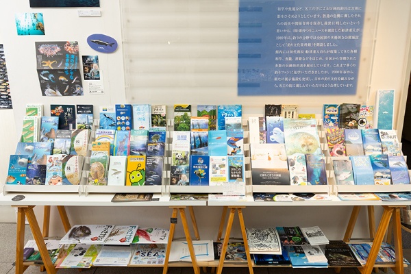 全国各地の水族館のパンフレットが並ぶ。「コロナ禍の時期、水族館好きのスタッフが、集客の助けになればと始めたものです」と川村さん 全国各地の水族館のパンフレットが並ぶ。「コロナ禍の時期、水族館好きのスタッフが、集客の助けになればと始めたものです」と川村さん