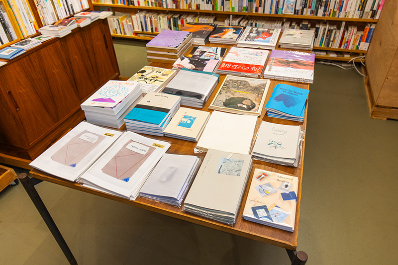 さまざまな造本・判型のリトルプレスやzineが並ぶ平台