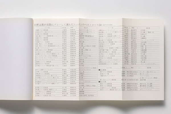 『廣野、川奈はなぜ、日本一なのか』の巻末には、田野辺さんが実際にプレーして選んだ「ニッポンのベストコース50」をとじ込みの表にして掲載している(写真:スタジオキャスパー) 『廣野、川奈はなぜ、日本一なのか』の巻末には、田野辺さんが実際にプレーして選んだ「ニッポンのベストコース50」をとじ込みの表にして掲載している(写真:スタジオキャスパー)