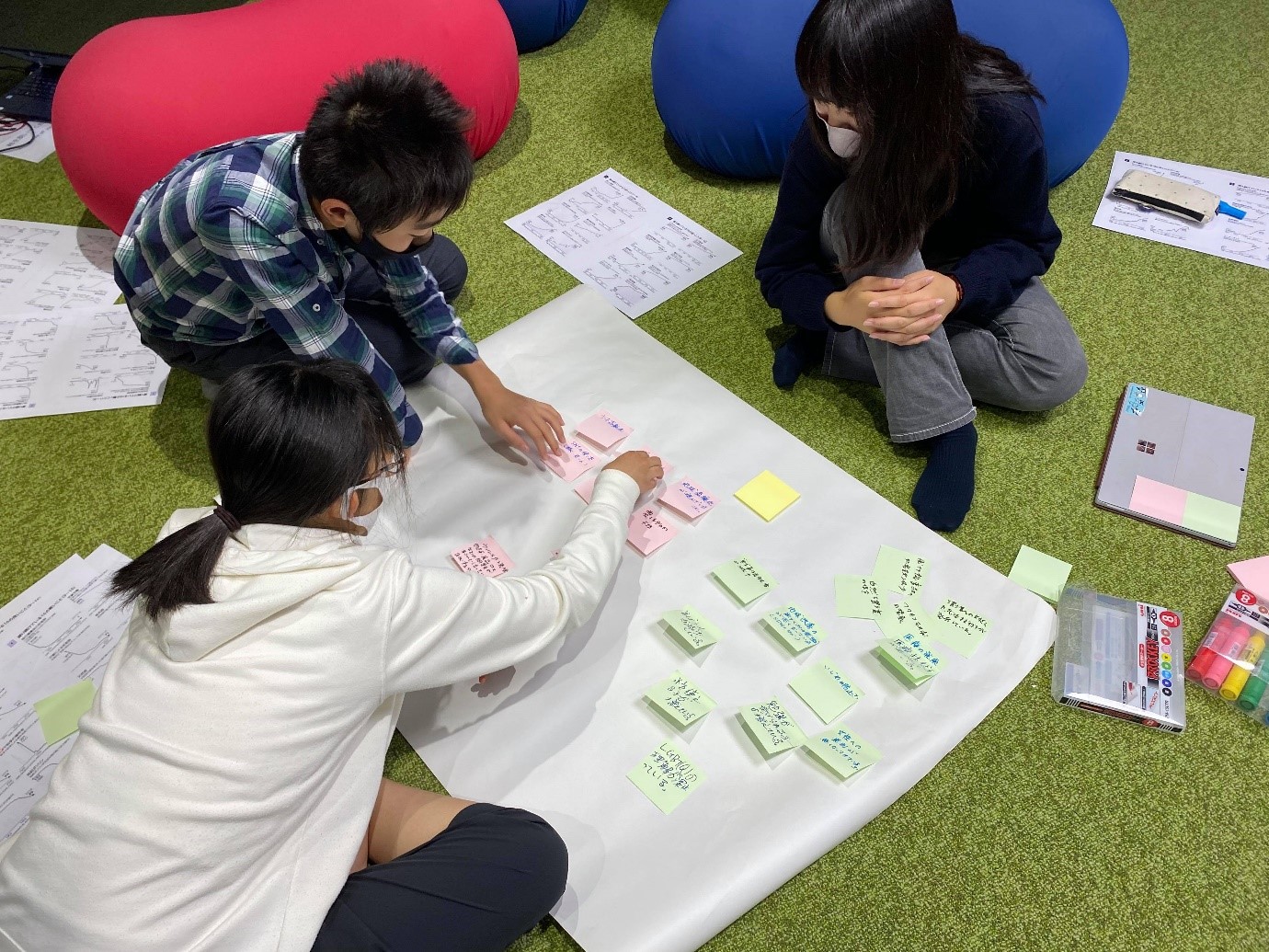 ドルトン東京学園での中学生向け読書会の様子。ピンクの付せんには「良くなっていると思うこと」、緑の付せんには「悪くなっていると思うこと」をそれぞれ書き込んだ