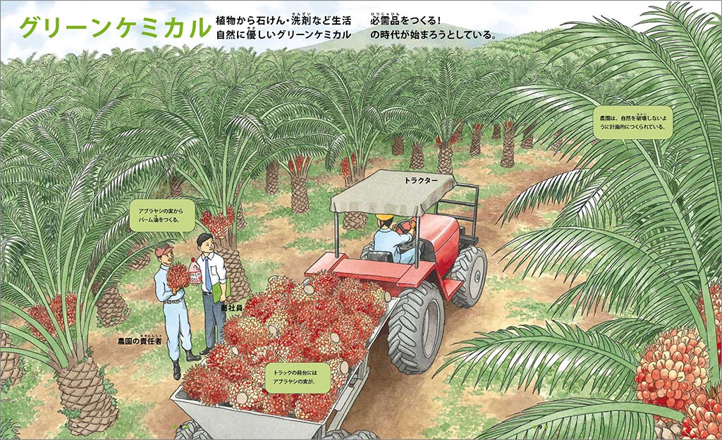 『総合商社図鑑』からアブラヤシ農園を描いたイラストのページ 『総合商社図鑑』からアブラヤシ農園を描いたイラストのページ