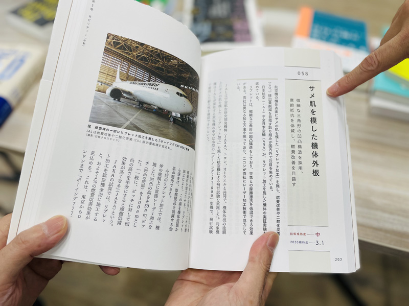 金箔まばゆい『日経テクノロジー展望2024 世界を変える100の技術』(日経BP編)。「サメ肌を模した飛行機の機体外板」など多彩な技術をたっぷりと