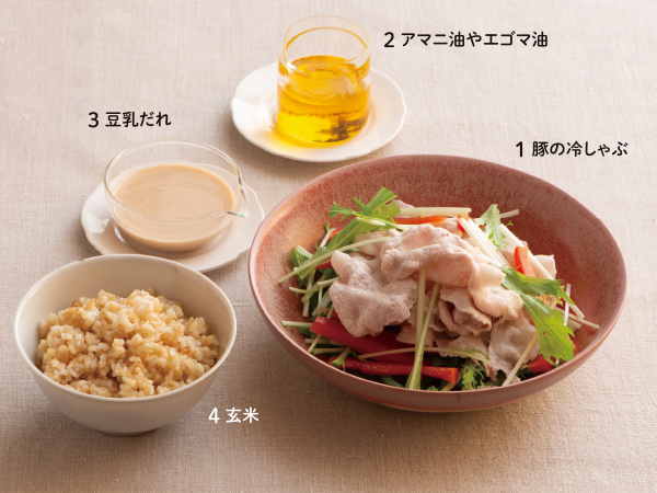 (1)ビタミンB1の多い豚肉をさっぱり食べるレシピ。B群は代謝プロセスで協力して働くため、B1以外もとっておくといい。野菜の中では赤パプリカはビタミン群が比較的多い。しゃぶしゃぶ用の豚肉をさっとゆで、食べやすく切った水菜と薄切りにした赤パプリカを添える。(2)アマニ油やエゴマ油に含まれるn-3系脂肪酸は熱に弱い。加熱しないでとるのが基本。(3)豆乳には、ビタミンB群が豊富。そこで豚しゃぶのたれは豆乳ベースで。写真は、無調整豆乳に、おろしにんにく、練りゴマ、塩、豆板醤で作ったたれ。(4)玄米は菌のリレーをサポートするビタミンB1をはじめ、マグネシウムなどのミネラルも豊富