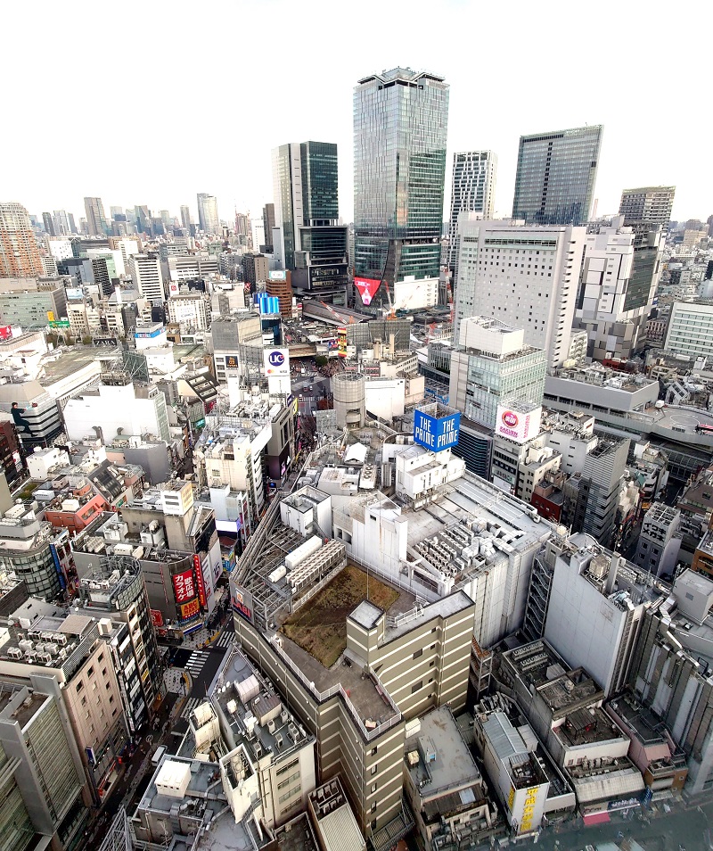 窓から眼下をのぞき込むと、文化村通りの先にスクランブル交差点が見える（写真：日経クロステック）