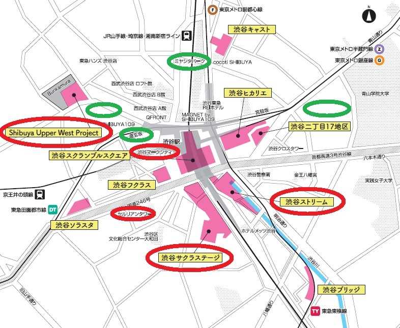 東急グループが関わるホテルが入居する渋谷駅周辺の主な施設（赤枠）。緑枠は競合する高級ホテルの出店エリア（出所：東急不動産）