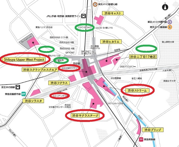 東急グループが関わるホテルが入居する渋谷駅周辺の主な施設(赤枠)。緑枠は競合する高級ホテルの出店エリア(出所:東急不動産)