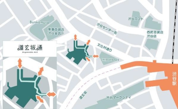 「道玄坂通」の敷地は非常に複雑だ。通り抜けできるように出入り口を複数設けた(出所:パン・パシフィック・インターナショナルホールディングス)