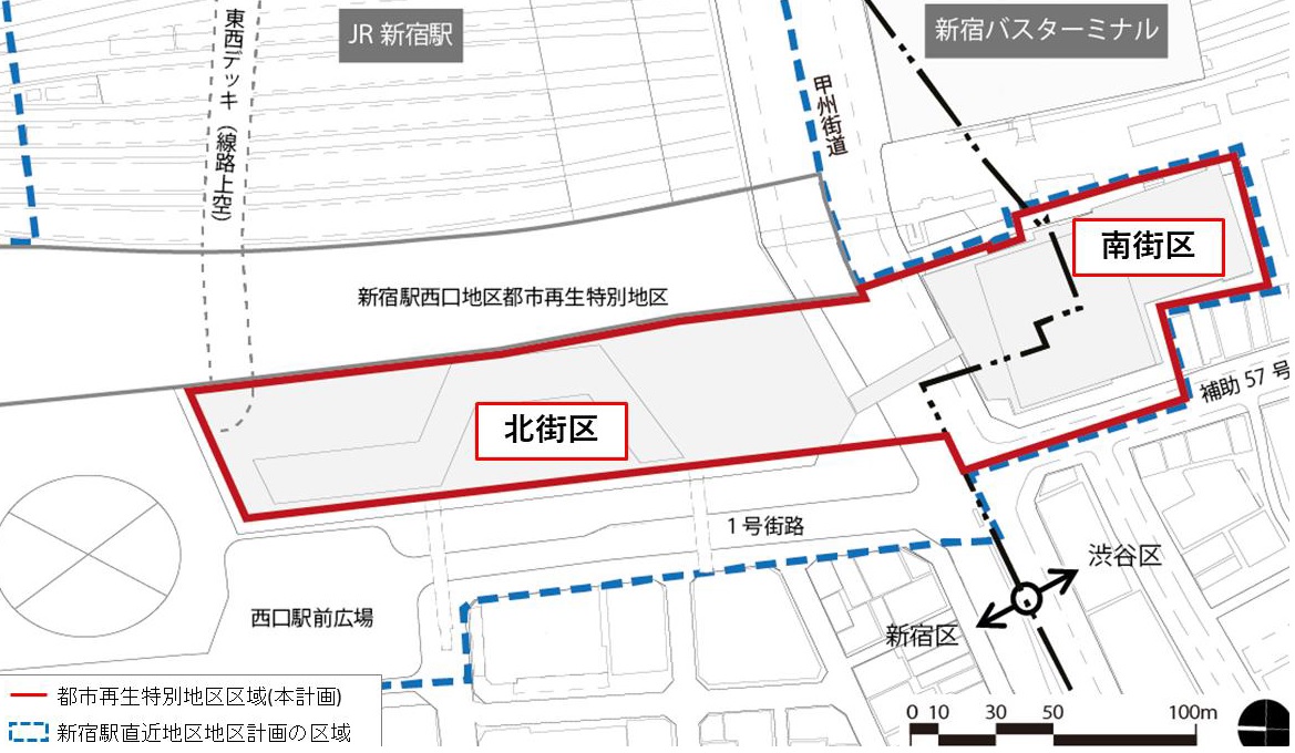 新宿駅西南口地区開発計画（赤枠部分）は北街区と南街区に分かれている。南街区が先に誕生する（出所：京王電鉄）