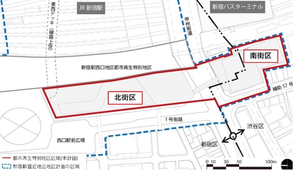 新宿駅西南口地区開発計画(赤枠部分)は北街区と南街区に分かれている。南街区が先に誕生する(出所:京王電鉄)