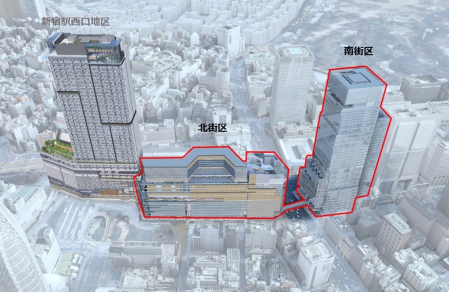 新宿駅西南口地区の北街区と南街区の完成イメージ。北街区の左隣は、小田急電鉄と東京地下鉄（東京メトロ）、東急不動産が開発を進める新宿駅西口地区（出所：京王電鉄、JR東日本）
