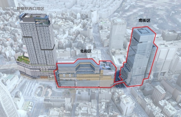 新宿駅西南口地区の北街区と南街区の完成イメージ。北街区の左隣は、小田急電鉄と東京地下鉄(東京メトロ)、東急不動産が開発を進める新宿駅西口地区(出所:京王電鉄、JR東日本)