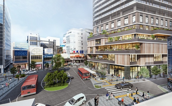 自由が丘駅から見た駅前広場と今回の複合施設(右)。施設の大きさが際立っている(出所:自由が丘一丁目29番地区市街地再開発組合、ヒューリック、鹿島)