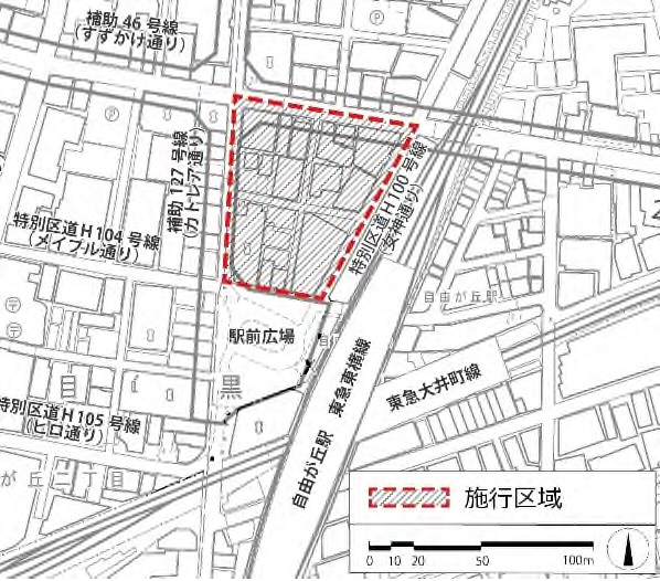 施設の位置図。東急東横線と東急大井町線が交わるターミナルである自由が丘駅の目の前という好立地(出所:自由が丘一丁目29番地区市街地再開発組合、ヒューリック、鹿島)