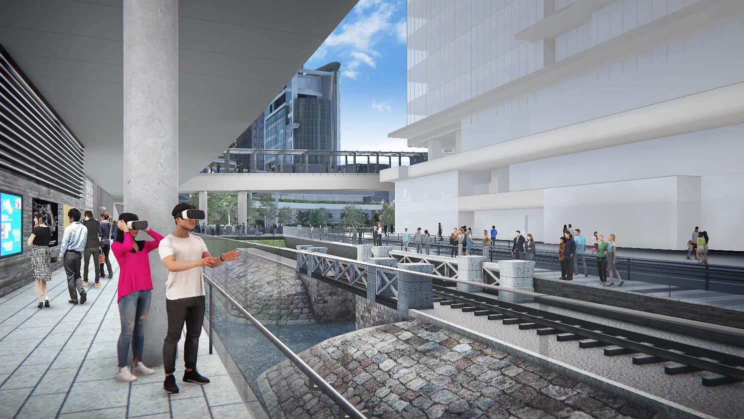 複合棟Ⅱの1階から第7橋梁部を眺めるイメージ。VR／ARを使い、当時の様子を仮想的に再現することも検討する（出所：JR東日本）