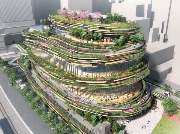 文化創造棟の完成イメージ。北側の公園と一体になった、らせん状の低層な建物になる予定。緑と木で形づくるスパイラルのファサードが特徴で、外装デザインアーキテクトは隈研吾建築都市設計事務所が担当(出所:JR東日本)