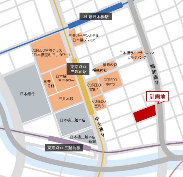 東京・日本橋エリアにおけるビルの配置図。計画地は昭和通りに面する(出所:三井不動産、竹中工務店)