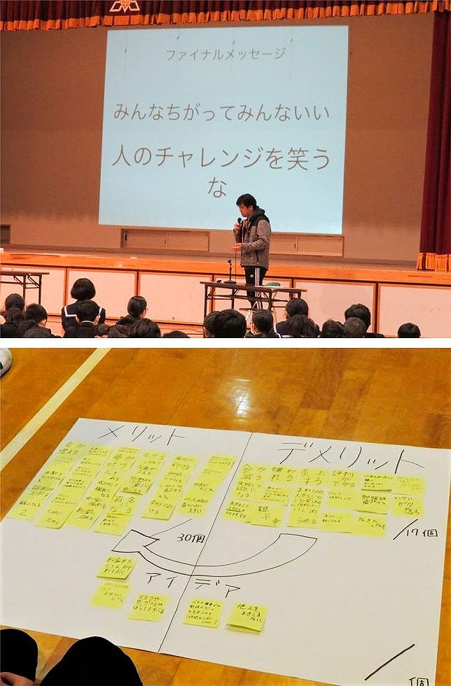 福岡市のアントレプレナーシップ教育の取り組みとして行われた、授業の様子。チャレンジマインドの育成を目的に、起業家を招いた講演やワークショップを行っている
