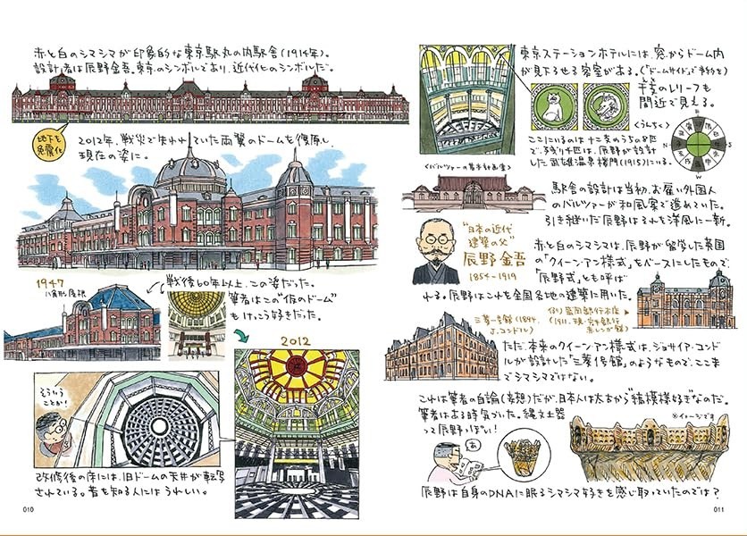 建築家と建物の詳細、設計の経緯などがイラストとともに説明される