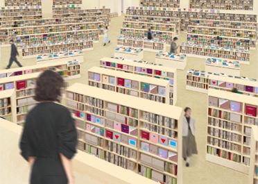 （上）靖国通り側から入店したときのイメージ図。中央のメイン通路にある書棚の高さは50㎝で、両側に向かってだんだん高くなり、最長2.4mになる。（下）両側の壁にはロフトスペースがあり、上から全体を見下ろすことができる。（写真：三省堂書店提供）