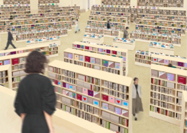 (上)靖国通り側から入店したときのイメージ図。中央のメイン通路にある書棚の高さは50㎝で、両側に向かってだんだん高くなり、最長2.4mになる。(下)両側の壁にはロフトスペースがあり、上から全体を見下ろすことができる。(写真:三省堂書店提供) (上)靖国通り側から入店したときのイメージ図。中央のメイン通路にある書棚の高さは50㎝で、両側に向かってだんだん高くなり、最長2.4mになる。(下)両側の壁にはロフトスペースがあり、上から全体を見下ろすことができる。(写真:三省堂書店提供)