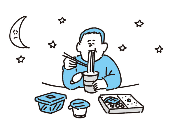 夜遅くに食べると肥満につながる(イラスト=髙柳 浩太郎) 夜遅くに食べると肥満につながる(イラスト=髙柳 浩太郎)