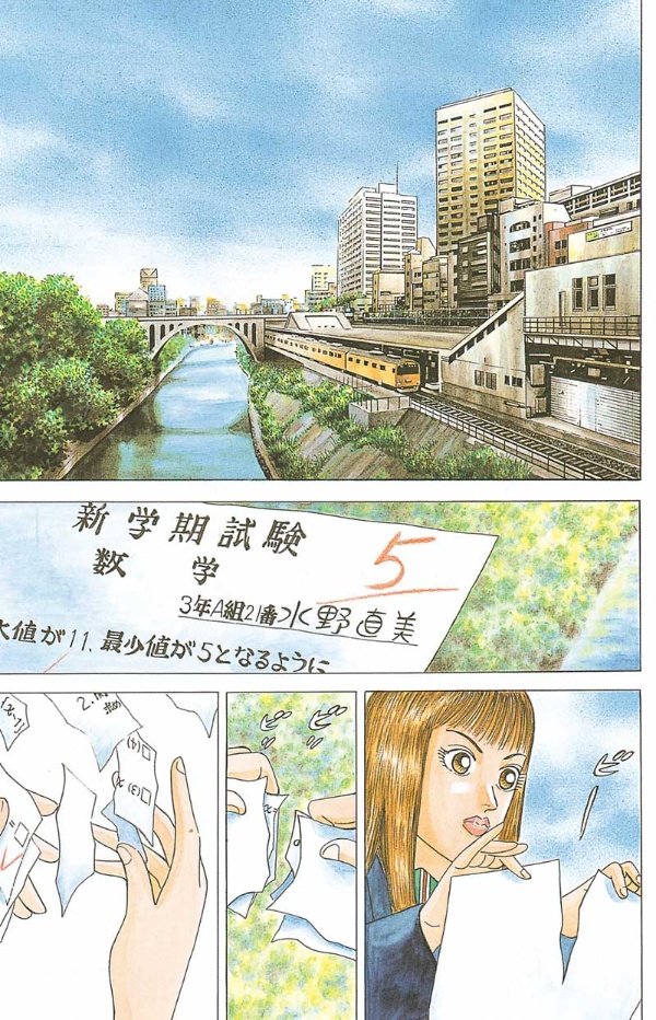 『ドラゴン桜』の最初のシーン。JR御茶ノ水駅とおぼしき駅の近くの橋で、水野直美がテストの答案を破り捨てる。 『ドラゴン桜』第1巻・1限目「学校倒産!?」 (C)Norifusa Mita/Cork