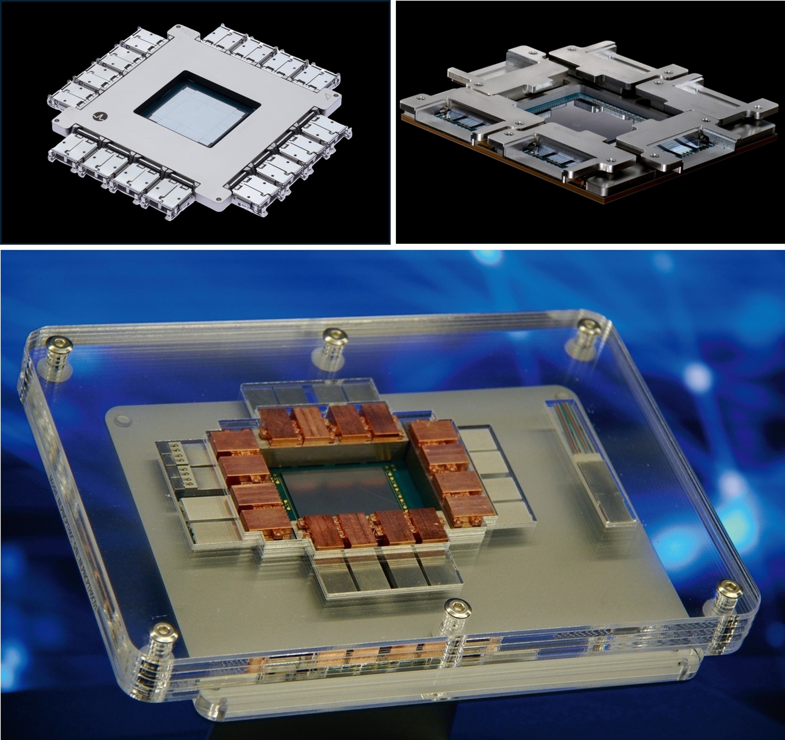 大手半導体メーカーのブロードコム（左上）とエヌビディア（右上）がCPOの製品化で先陣を切った。追うNTT（下）は2027年1～3月に商用サンプルの提供を始める（出所：左上はブロードコム、右上はエヌビディア、下は日経クロステック）