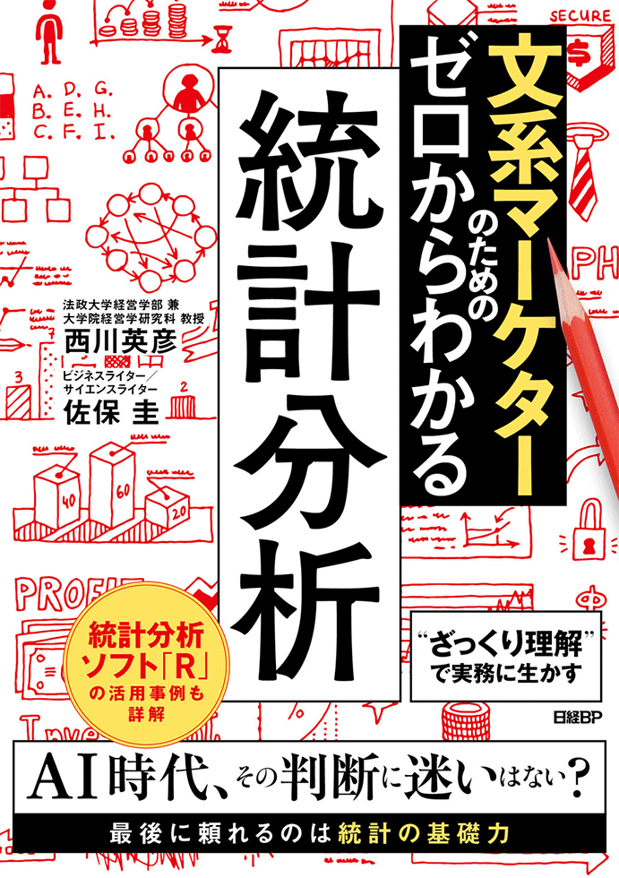 西川教授とビジネスライターの佐保圭氏との共著『文系マーケターのためのゼロからわかる統計分析』（日経BP）。対話形式を取り入れ、数字や計算が苦手でも無理なくマーケティングに必要な統計分析の基礎が習得できる