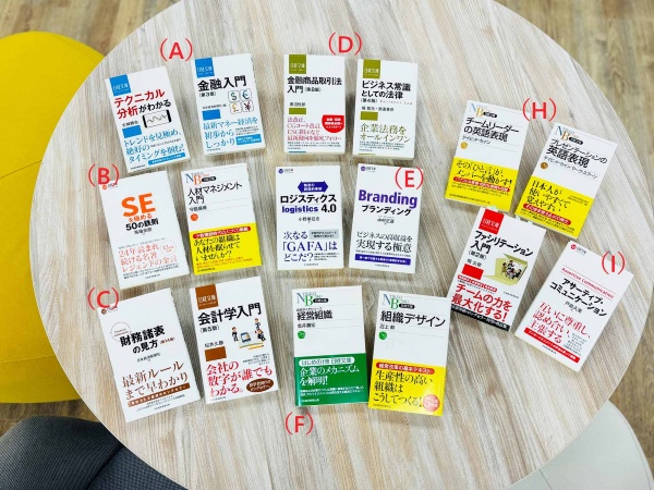 日経文庫には、A「経済・金融」、B「経営」、C「会計・税務」、D「法律・法務」、E「流通・マーケティング」、F「経済学・経営学」、G「情報・コンピュータ」、H「実用外国語」、I「ビジネス・ノウハウ」のジャンルがある(Gは現在、該当書籍なし)