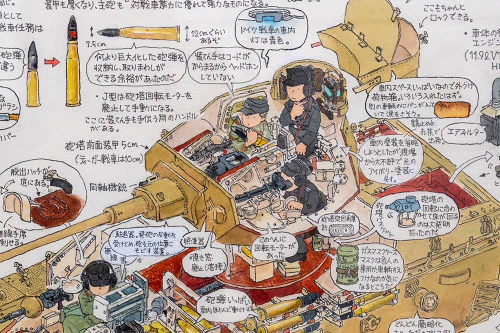 『ワールドタンクミュージアム全集』の巻頭折り込みの原画の一部。細かい書き込みが面白くて目が止まらなくなる