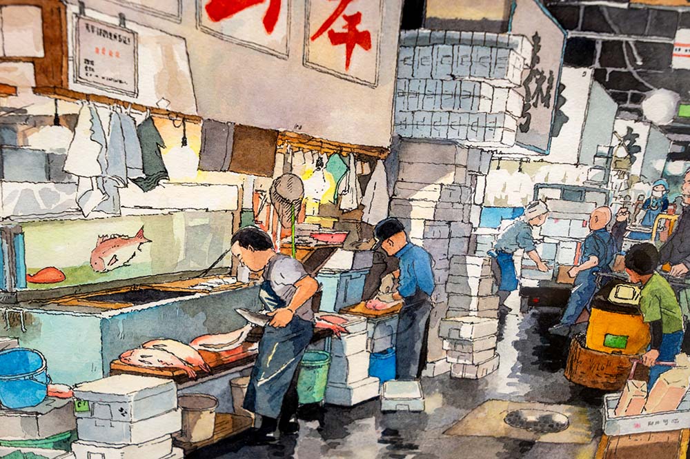 前の画像を拡大。絵の築地市場の中に入り込めそう