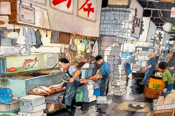 前の画像を拡大。絵の築地市場の中に入り込めそう