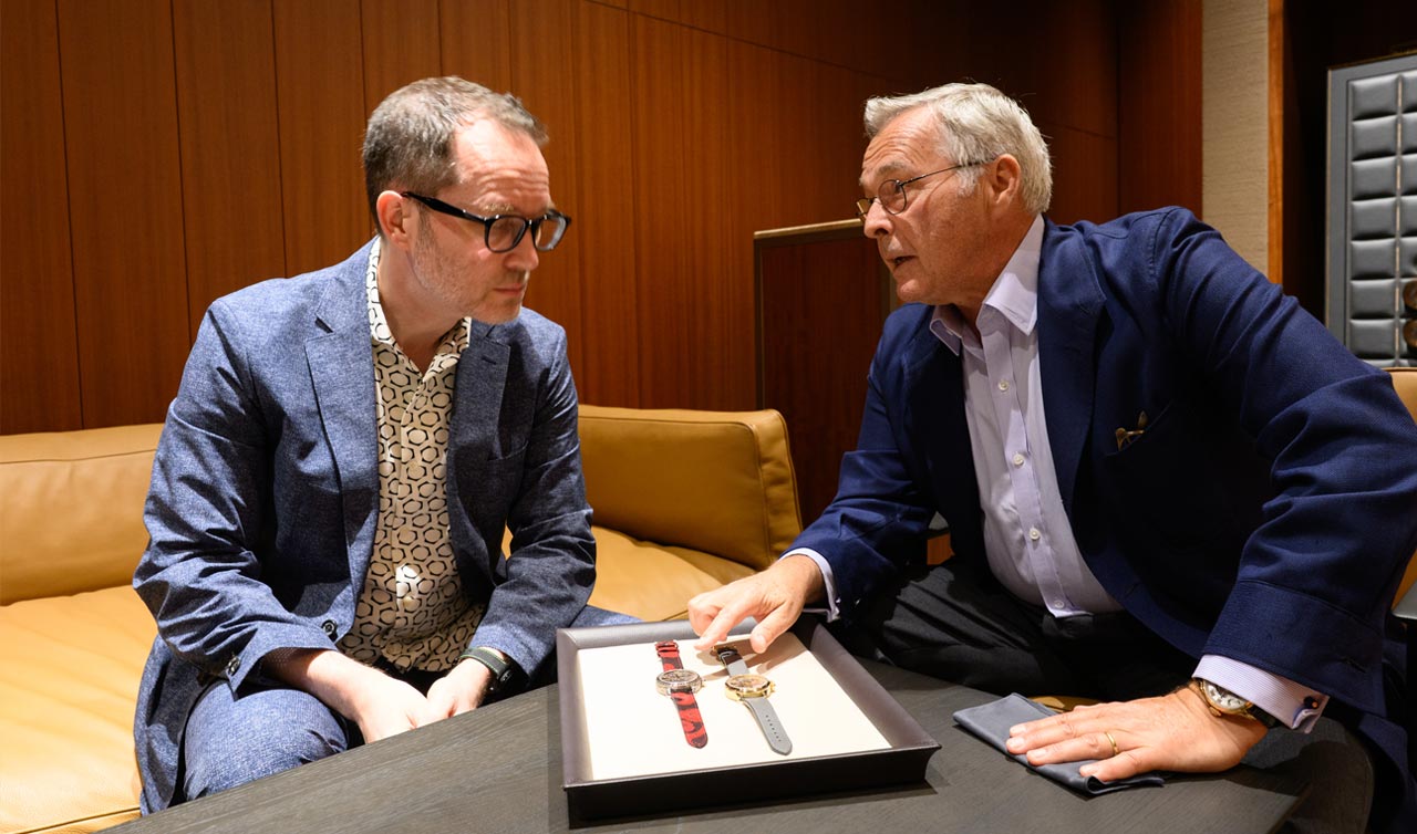 ショパール共同社長のカール-フリードリッヒ・ショイフレ氏（右）と大阪大学大学院のピエール＝イヴ・ドンゼ教授（写真＝宮田 昌彦、以下同）
