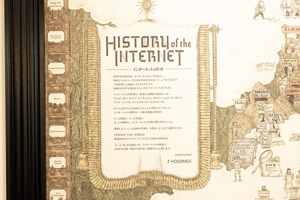 Zホールディングスのオフィスに飾ってある「インターネットの歴史」のタペストリー