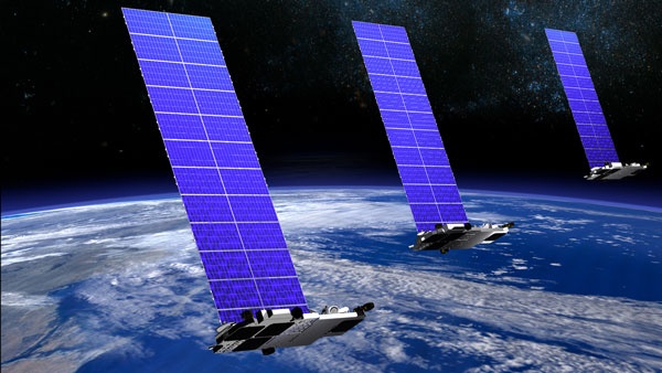 太陽電池パネルを開いたスターリンク衛星のイメージ。パネルを折りたたむと底部に見える大きなお盆状になる(写真:Dayan/stock.adobe.com)