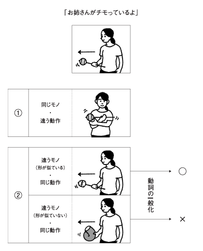 図6－4　動詞学習の実験1　モノの類似性をヒントに動詞を学習する（画：スタジオびりやに）