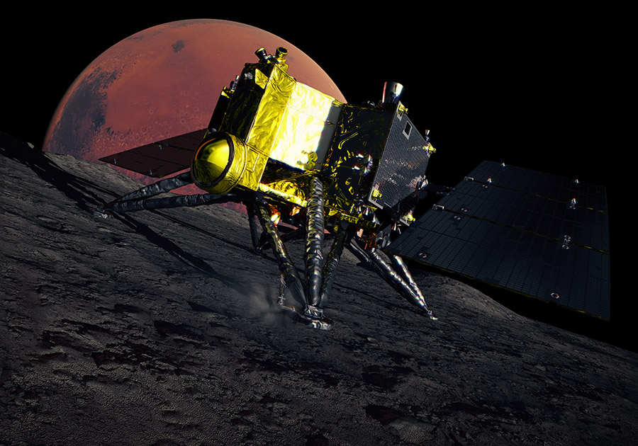 火星衛星探査ミッション「MMX」のイメージ。火星から高度約6000キロの軌道を周回する衛星「フォボス」に探査機を着陸させ、サンプルを採取する。奥に見えるのは火星（出所：JAXA）