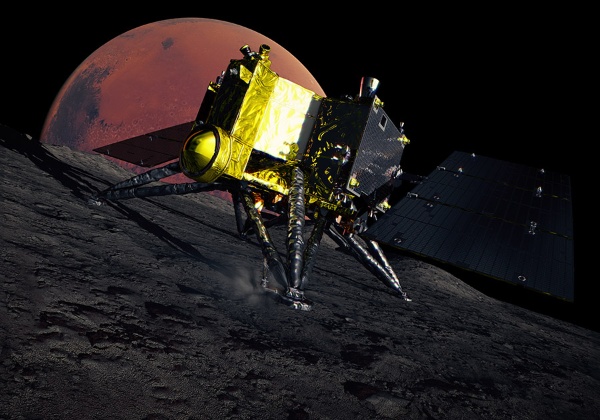 火星衛星探査ミッション「MMX」のイメージ。火星から高度約6000キロの軌道を周回する衛星「フォボス」に探査機を着陸させ、サンプルを採取する。奥に見えるのは火星(出所:JAXA)