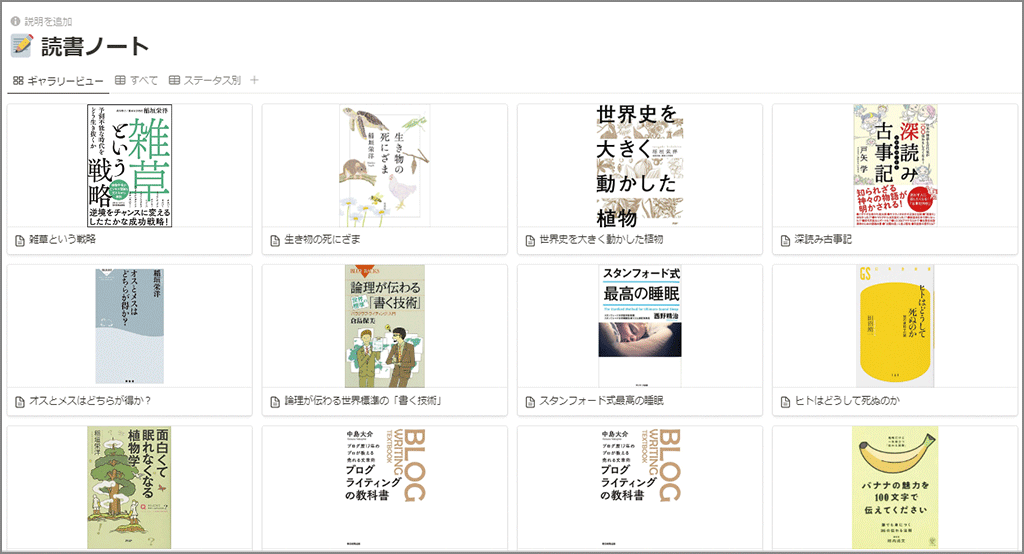 Notion上に作った「読書ノート」のカテゴリーに、本を読んで理解したことを会話形式でまとめたテキストを収録。それぞれの本の表紙画像をサムネイルにしている。