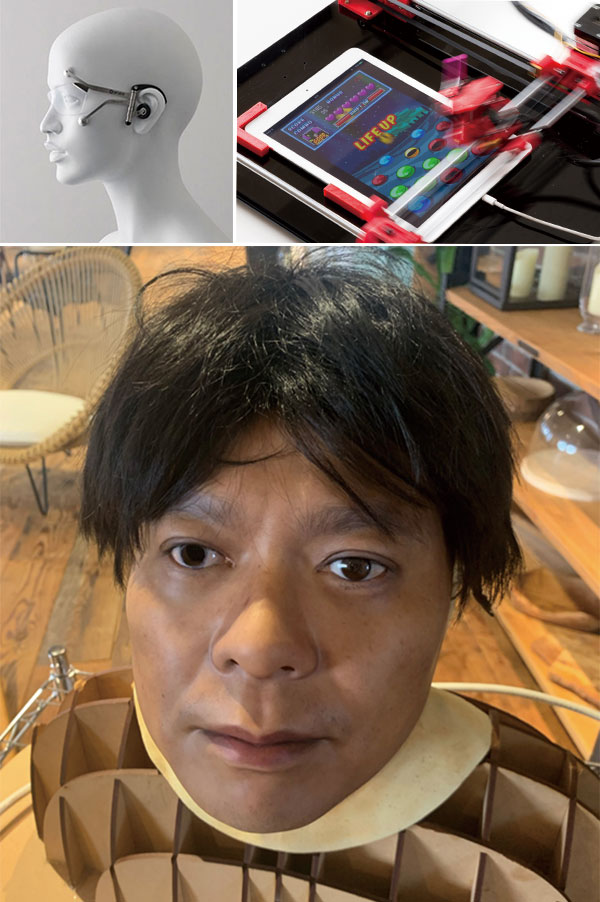 SHIFTは様々なプロダクトの研究開発を進めてきた。不具合箇所を推測して示すスマートグラス「スカウター」(左上)、人に代わってテストを実行する自動打鍵器(右上)、丹下社長の分身となるロボット「タンゲロイド」(下)(写真=いずれもSHIFT提供)