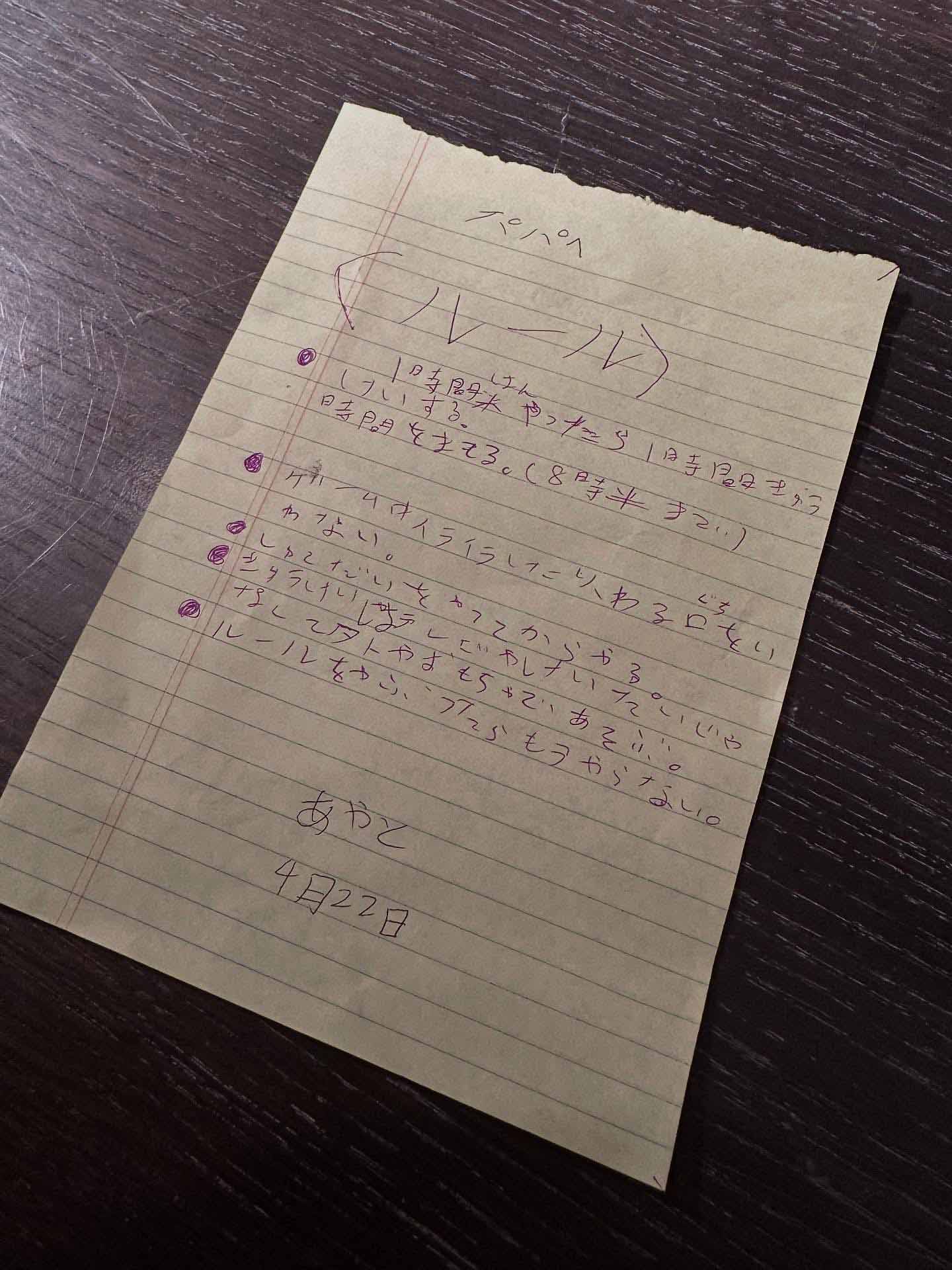 ゲームについてのルールは、つるのさんの息子さん自身が決めたもの（誓約書）。そのルールをしっかり守りながら、ゲームと勉強に励んでいるそうです（写真：つるのさん提供）
