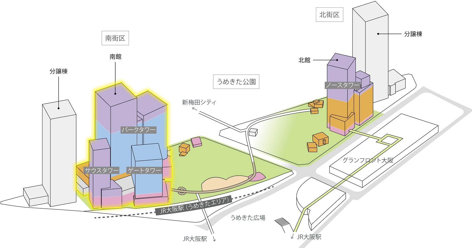 グラングリーン大阪の全体計画図。カラー部分は25年3月21日時点の開業範囲（出所：グラングリーン大阪開発事業者JV9社）