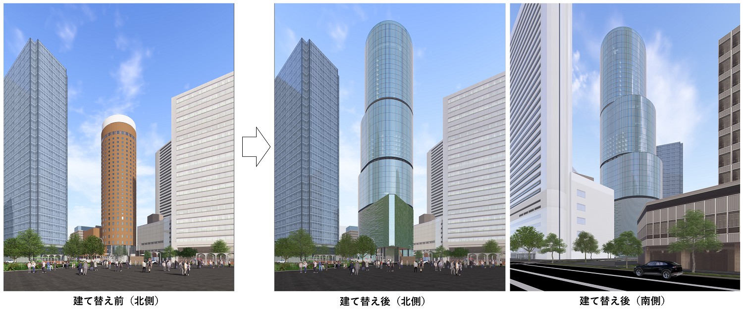建て替え前の大阪マルビル（左）と、建て替え後の新マルビルの比較イメージ。円筒形は継承しつつ、より高層にする（出所：大和ハウス工業）