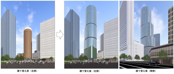 建て替え前の大阪マルビル(左)と、建て替え後の新マルビルの比較イメージ。円筒形は継承しつつ、より高層にする(出所:大和ハウス工業)