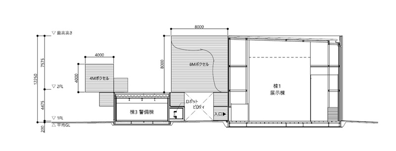 パビリオンの断面図。8m四方のボクセルを確認できる（出所：NOIZ）